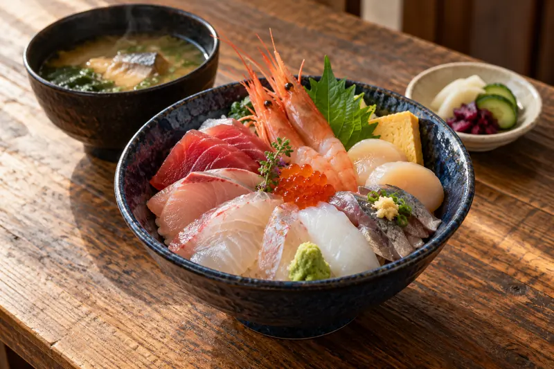 刺身がたっぷりのった海鮮丼と、あら汁